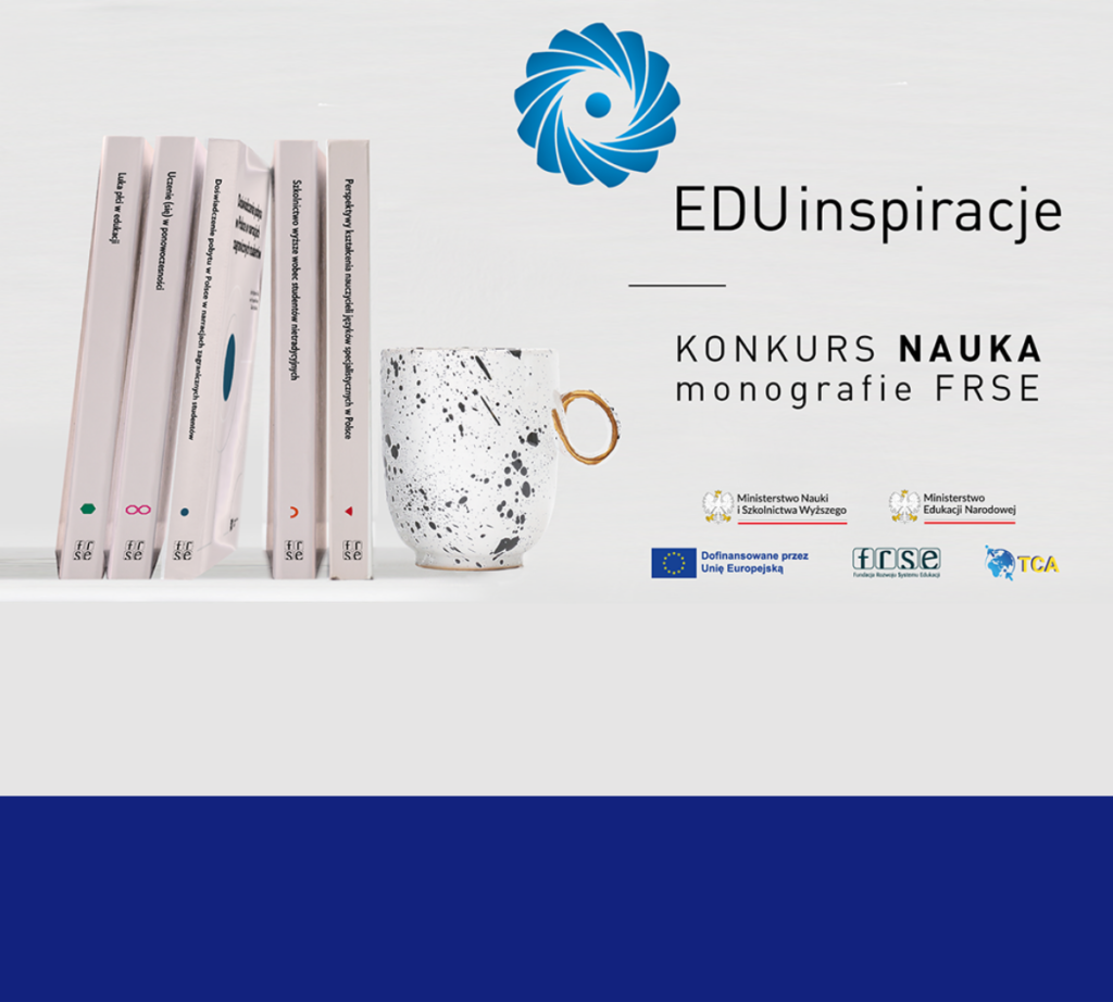 Konkurs EDUinspiracje – monografie FRSE, książki i kubek na półce