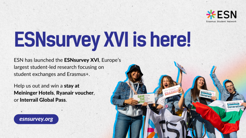 Grafika promująca 16. edycję ESNsurvey – badania o mobilności studentów w Europie.